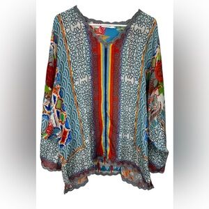 Johnny Was 100% Silk Tunic Long Sleeve Dragon Tassels Floral Size Large
